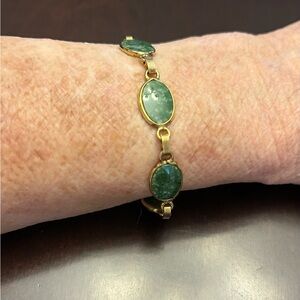 Vintage 12k Gold Filled Jade Cabochon Link Bracelet w/ Safety Chain